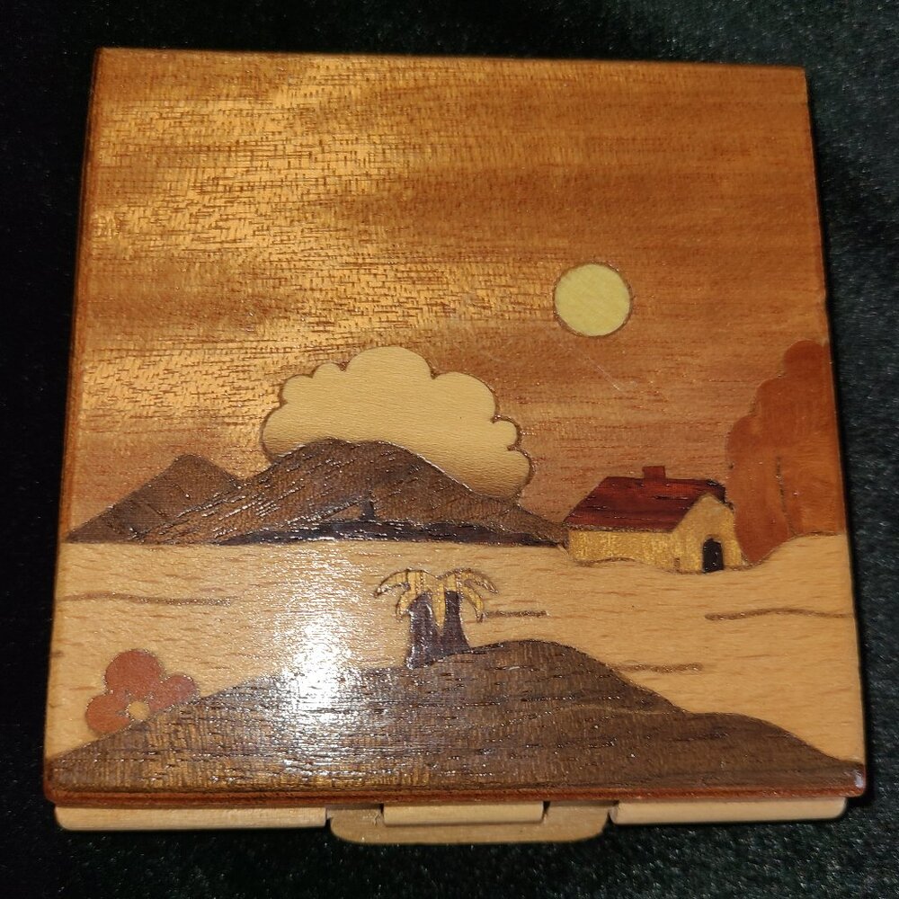 Vintage Victory Wood Inlay Scenic Compact – Marquetry Landscape Design - Rare!